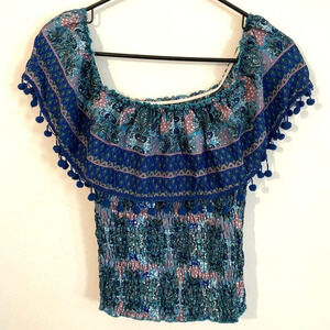 Anthropologie Raga Boho Off Shoulder‎ Top Pompoms Small